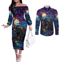 Stained Glass Krampus Couples Matching Off The Shoulder Long Sleeve Dress and Long Sleeve Button Shirt Gothic Christmas Myth - Wonder Print Shop