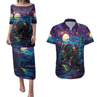 Stained Glass Krampus Couples Matching Puletasi and Hawaiian Shirt Gothic Christmas Myth - Wonder Print Shop