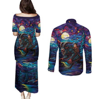 Stained Glass Krampus Couples Matching Puletasi and Long Sleeve Button Shirt Gothic Christmas Myth - Wonder Print Shop