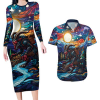 Stained Glass Krampus Couples Matching Long Sleeve Bodycon Dress and Hawaiian Shirt Folklore Horror Art - Wonder Print Shop