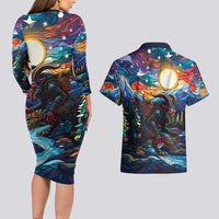 Stained Glass Krampus Couples Matching Long Sleeve Bodycon Dress and Hawaiian Shirt Folklore Horror Art - Wonder Print Shop