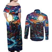 Stained Glass Krampus Couples Matching Off Shoulder Maxi Dress and Long Sleeve Button Shirt Folklore Horror Art - Wonder Print Shop