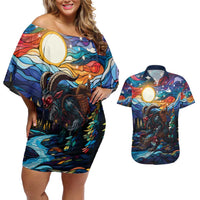 Stained Glass Krampus Couples Matching Off Shoulder Short Dress and Hawaiian Shirt Folklore Horror Art - Wonder Print Shop