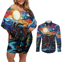 Stained Glass Krampus Couples Matching Off Shoulder Short Dress and Long Sleeve Button Shirt Folklore Horror Art - Wonder Print Shop