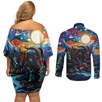 Stained Glass Krampus Couples Matching Off Shoulder Short Dress and Long Sleeve Button Shirt Folklore Horror Art - Wonder Print Shop