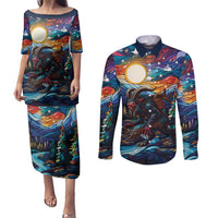 Stained Glass Krampus Couples Matching Puletasi and Long Sleeve Button Shirt Folklore Horror Art - Wonder Print Shop