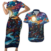 Stained Glass Krampus Couples Matching Short Sleeve Bodycon Dress and Hawaiian Shirt Folklore Horror Art - Wonder Print Shop