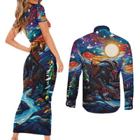 Stained Glass Krampus Couples Matching Short Sleeve Bodycon Dress and Long Sleeve Button Shirt Folklore Horror Art - Wonder Print Shop