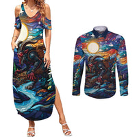 Stained Glass Krampus Couples Matching Summer Maxi Dress and Long Sleeve Button Shirt Folklore Horror Art - Wonder Print Shop