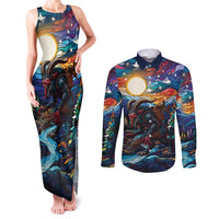 Stained Glass Krampus Couples Matching Tank Maxi Dress and Long Sleeve Button Shirt Folklore Horror Art - Wonder Print Shop