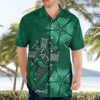 Green Hawaiian shirt front with Celtic cross and harp graphic