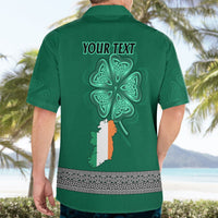 Green Hawaiian shirt back with 'YOUR TEXT' and shamrock over Ireland map