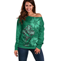 Irish Celtic Cross and Harp with Ireland Shamrock Personalized Off Shoulder Sweater - Wonder Print Shop