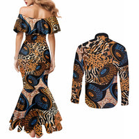 African Ankara Motifs Mixed Animal Skins Couples Matching Mermaid Dress and Long Sleeve Button Shirt