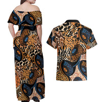 African Ankara Motifs Mixed Animal Skins Couples Matching Off Shoulder Maxi Dress and Hawaiian Shirt