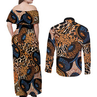 African Ankara Motifs Mixed Animal Skins Couples Matching Off Shoulder Maxi Dress and Long Sleeve Button Shirt