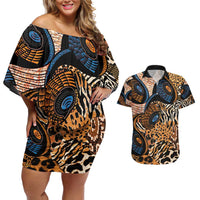 African Ankara Motifs Mixed Animal Skins Couples Matching Off Shoulder Short Dress and Hawaiian Shirt