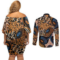 African Ankara Motifs Mixed Animal Skins Couples Matching Off Shoulder Short Dress and Long Sleeve Button Shirt