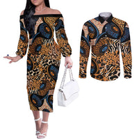 African Ankara Motifs Mixed Animal Skins Couples Matching Off The Shoulder Long Sleeve Dress and Long Sleeve Button Shirt