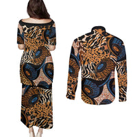 African Ankara Motifs Mixed Animal Skins Couples Matching Puletasi and Long Sleeve Button Shirt