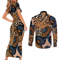 African Ankara Motifs Mixed Animal Skins Couples Matching Short Sleeve Bodycon Dress and Long Sleeve Button Shirt
