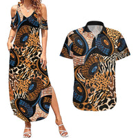 African Ankara Motifs Mixed Animal Skins Couples Matching Summer Maxi Dress and Hawaiian Shirt