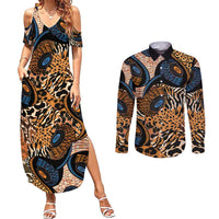 African Ankara Motifs Mixed Animal Skins Couples Matching Summer Maxi Dress and Long Sleeve Button Shirt
