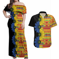 African Ethnic Kitenge Ankara Style Couples Matching Off Shoulder Maxi Dress and Hawaiian Shirt
