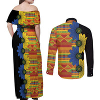 African Ethnic Kitenge Ankara Style Couples Matching Off Shoulder Maxi Dress and Long Sleeve Button Shirt