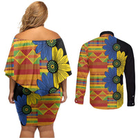 African Ethnic Kitenge Ankara Style Couples Matching Off Shoulder Short Dress and Long Sleeve Button Shirt