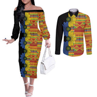 African Ethnic Kitenge Ankara Style Couples Matching Off The Shoulder Long Sleeve Dress and Long Sleeve Button Shirt