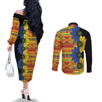 African Ethnic Kitenge Ankara Style Couples Matching Off The Shoulder Long Sleeve Dress and Long Sleeve Button Shirt