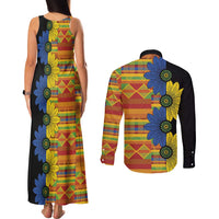 African Ethnic Kitenge Ankara Style Couples Matching Tank Maxi Dress and Long Sleeve Button Shirt