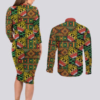 African Tribal Geometric Mixed Kanga Pattern Couples Matching Long Sleeve Bodycon Dress and Long Sleeve Button Shirt