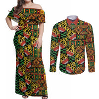 African Tribal Geometric Mixed Kanga Pattern Couples Matching Off Shoulder Maxi Dress and Long Sleeve Button Shirt