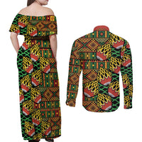 African Tribal Geometric Mixed Kanga Pattern Couples Matching Off Shoulder Maxi Dress and Long Sleeve Button Shirt