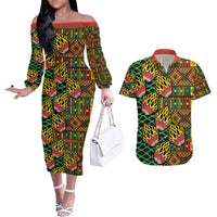 African Tribal Geometric Mixed Kanga Pattern Couples Matching Off The Shoulder Long Sleeve Dress and Hawaiian Shirt