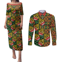 African Tribal Geometric Mixed Kanga Pattern Couples Matching Puletasi and Long Sleeve Button Shirt