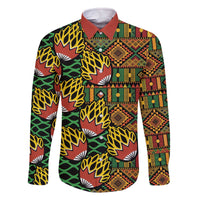 African Tribal Geometric Mixed Kanga Pattern Family Matching Off The Shoulder Long Sleeve Dress and Hawaiian Shirt