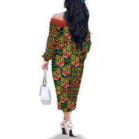 African Tribal Geometric Mixed Kanga Pattern Family Matching Off The Shoulder Long Sleeve Dress and Hawaiian Shirt