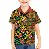 African Tribal Geometric Mixed Kanga Pattern Family Matching Off The Shoulder Long Sleeve Dress and Hawaiian Shirt