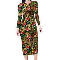 African Tribal Geometric Mixed Kanga Pattern Long Sleeve Bodycon Dress - Wonder Print Shop