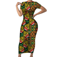 African Tribal Geometric Mixed Kanga Pattern Short Sleeve Bodycon Dress - Wonder Print Shop