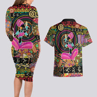 African Women Ethnic Motifs Couples Matching Long Sleeve Bodycon Dress and Hawaiian Shirt