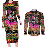 African Women Ethnic Motifs Couples Matching Long Sleeve Bodycon Dress and Long Sleeve Button Shirt