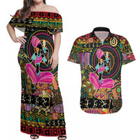 African Women Ethnic Motifs Couples Matching Off Shoulder Maxi Dress and Hawaiian Shirt