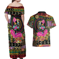 African Women Ethnic Motifs Couples Matching Off Shoulder Maxi Dress and Hawaiian Shirt