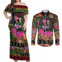 African Women Ethnic Motifs Couples Matching Off Shoulder Maxi Dress and Long Sleeve Button Shirt