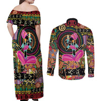 African Women Ethnic Motifs Couples Matching Off Shoulder Maxi Dress and Long Sleeve Button Shirt