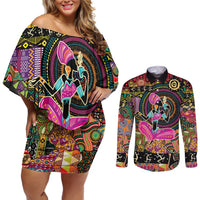 African Women Ethnic Motifs Couples Matching Off Shoulder Short Dress and Long Sleeve Button Shirt